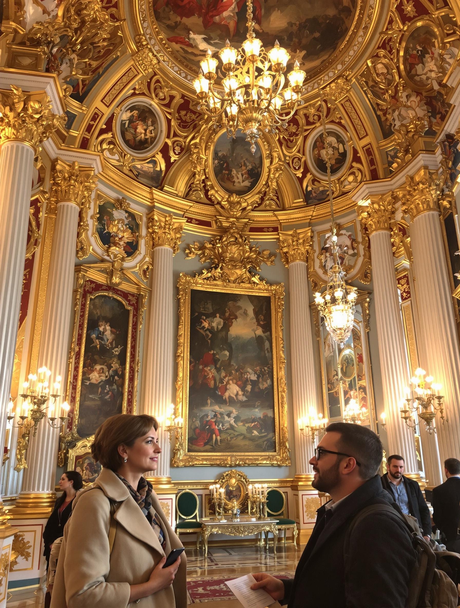 Deux visiteurs au Palais du Belvédère à Vienne, l’un en visite guidée de groupe et l’autre avec un audioguide.