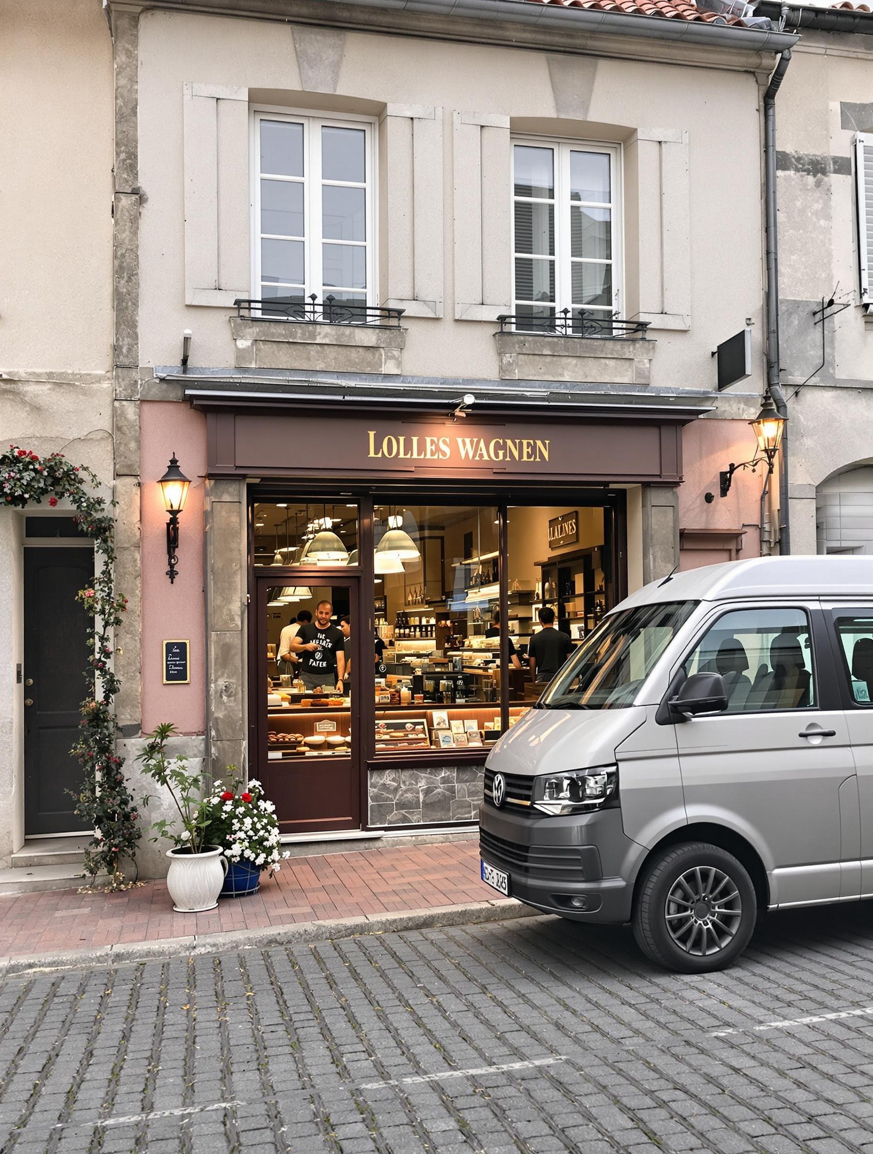Volkswagen California garé devant une boulangerie française, hauteur inférieure à 2m