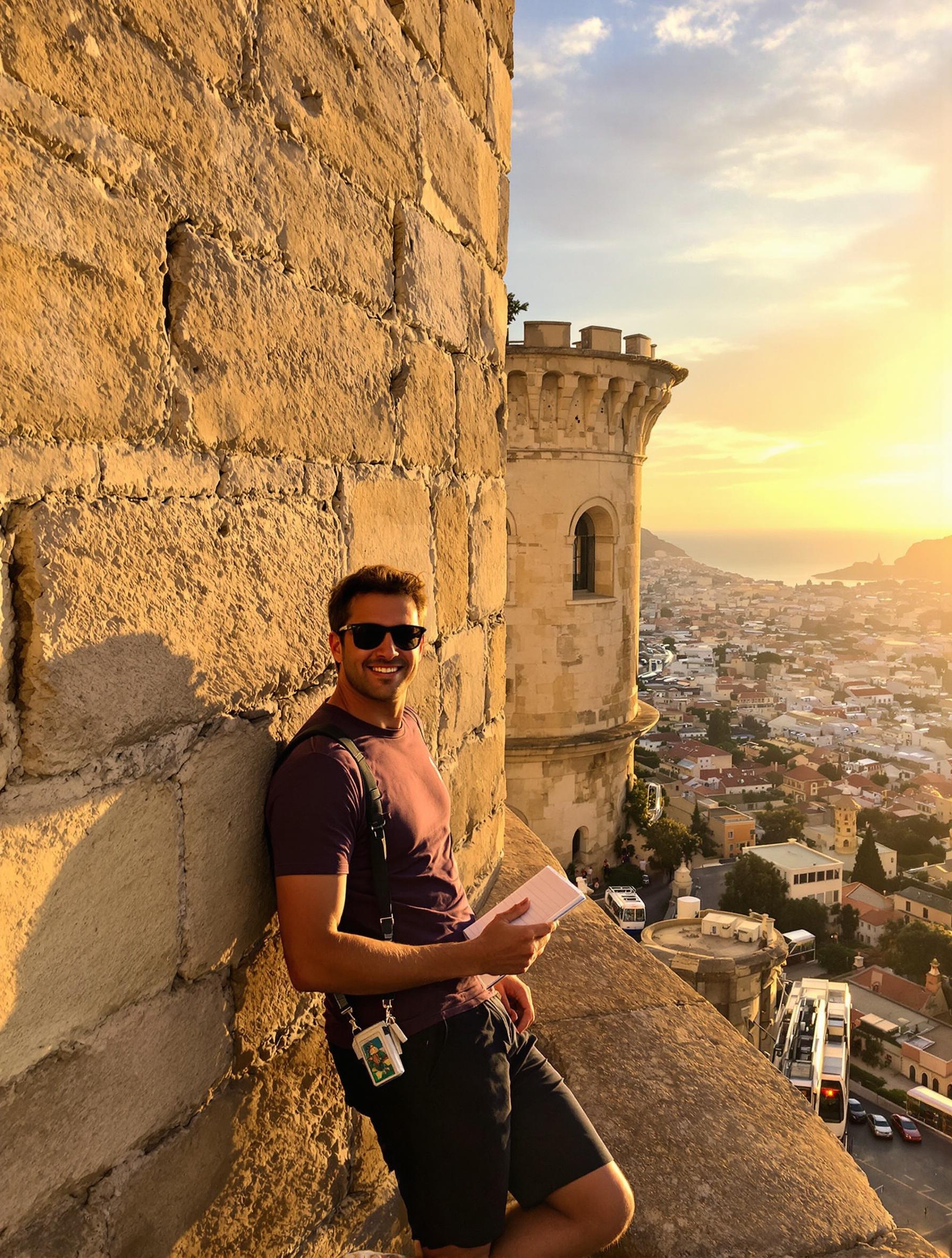 Voyageur ironique adossé au Castel Sant'Elmo au coucher du soleil