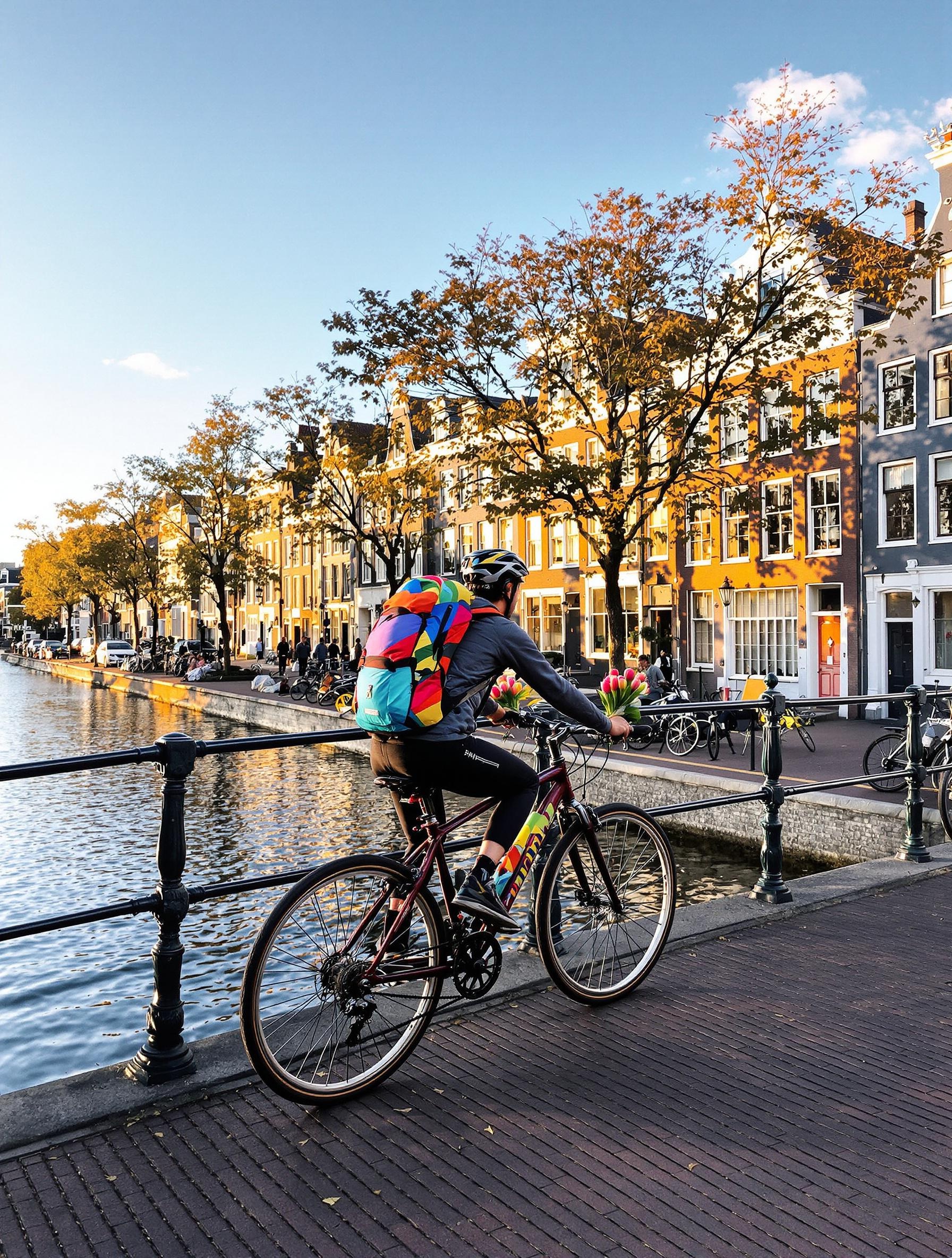 Voyageur à vélo sur un pont de canal avec tulipes Amsterdam
