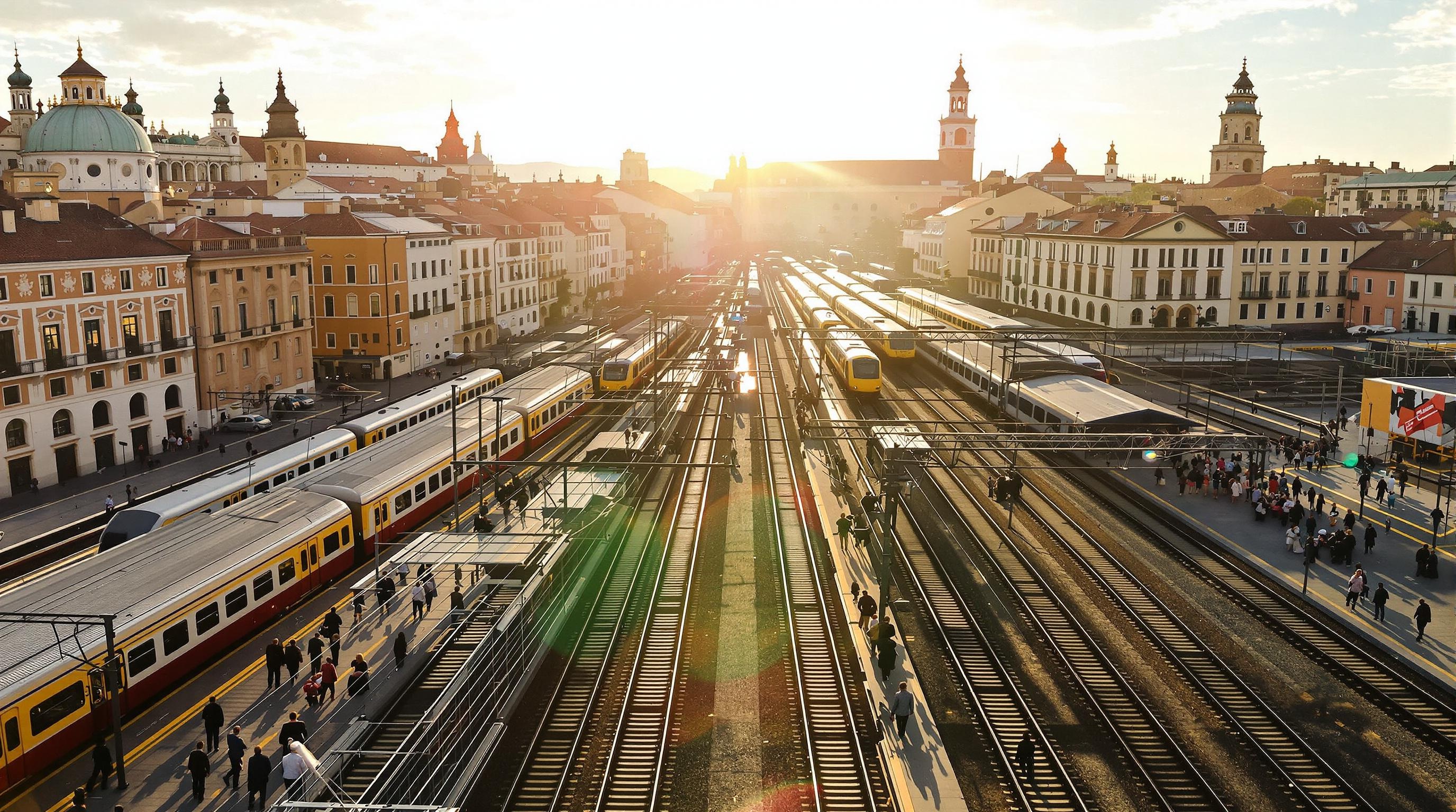 Gare de Padoue avec trains et voyageurs sur le quai le matin