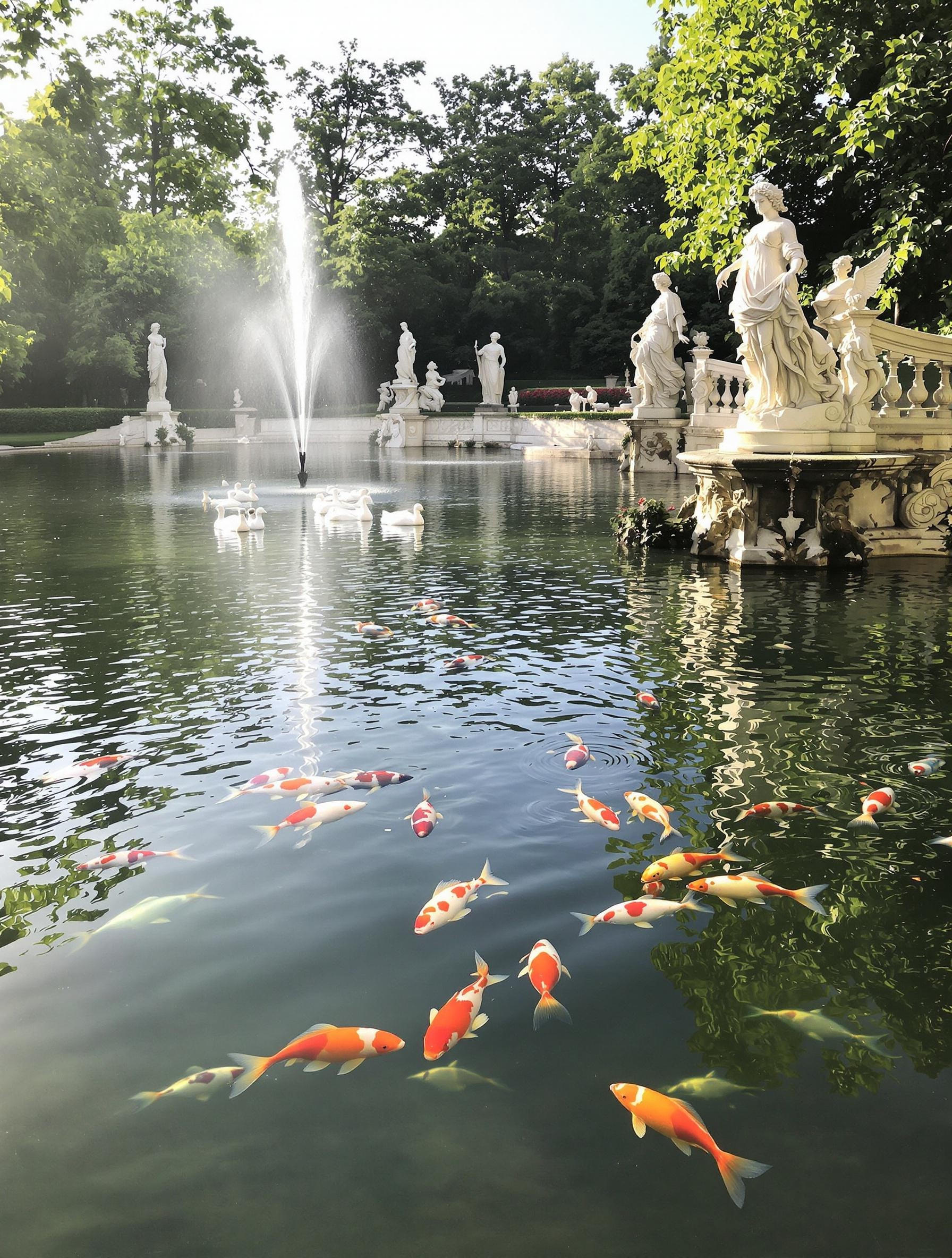 Bassin avec carpes et canards dans le Jardin Wallenstein à Prague, ambiance détente