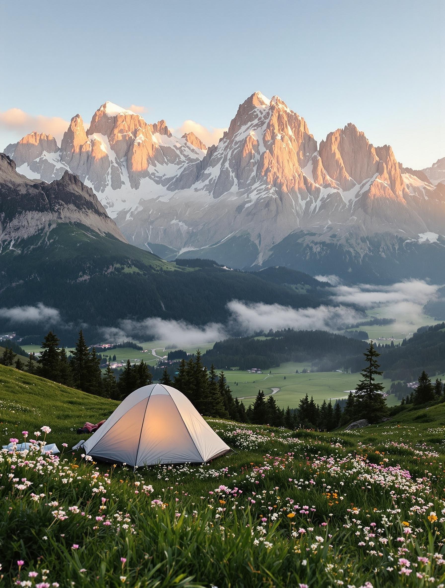 Vue imprenable sur les sommets des Aravis depuis un emplacement de camping, où la nature savoyarde se révèle dans toute sa splendeur.