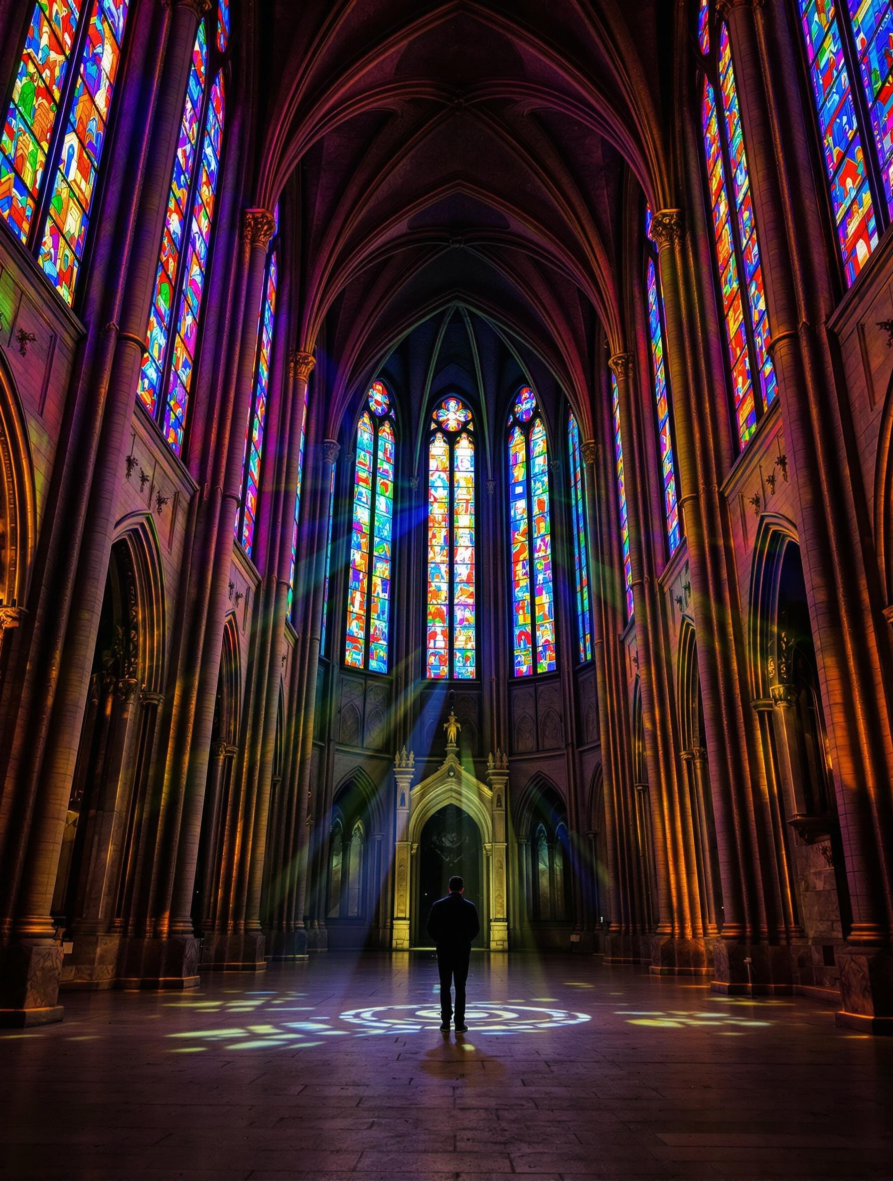 Intérieur de la cathédrale Saint-Jean à Lyon, nef gothique et vitraux colorés