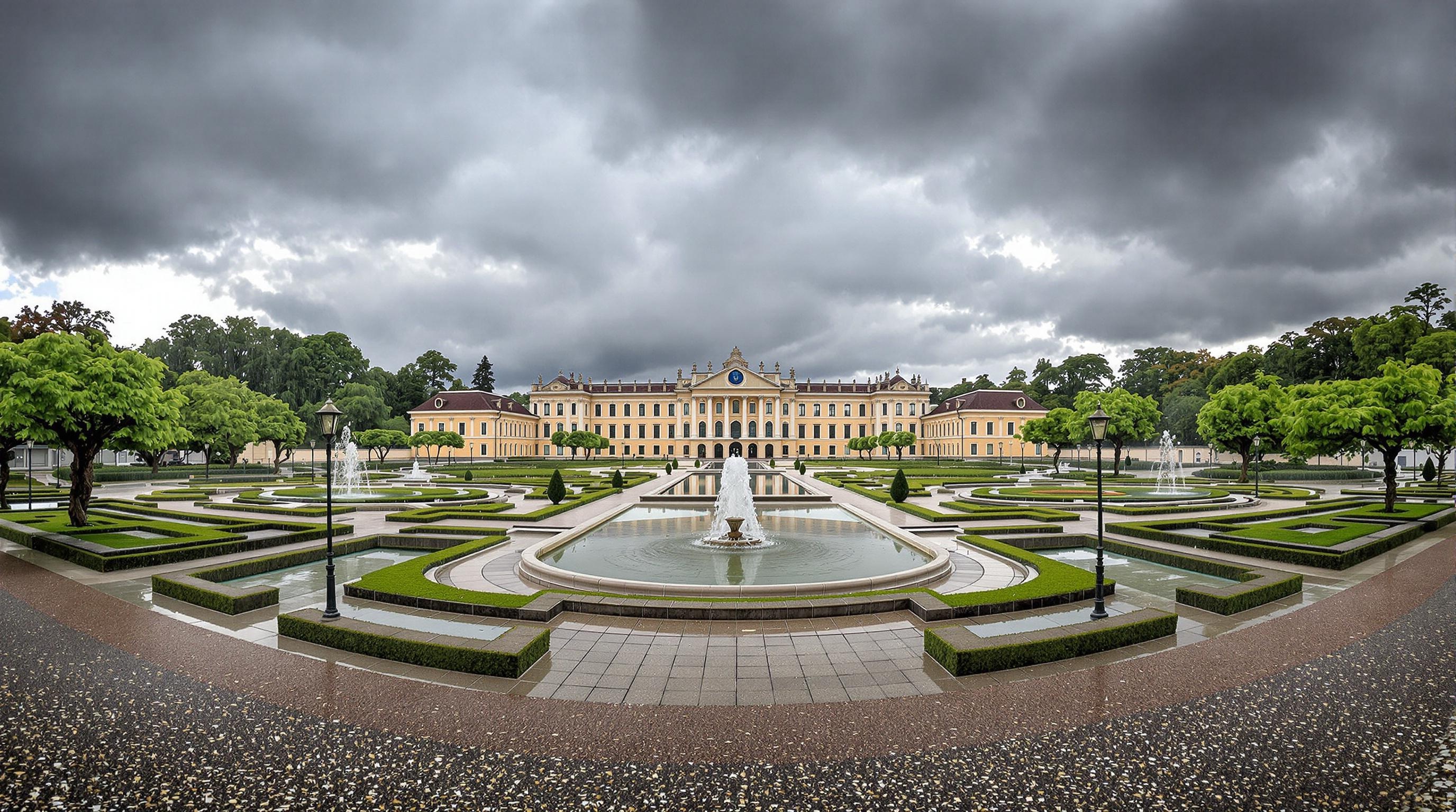 Vue du jardin baroque sous la pluie avec des allées symétriques et une fontaine centrale.
