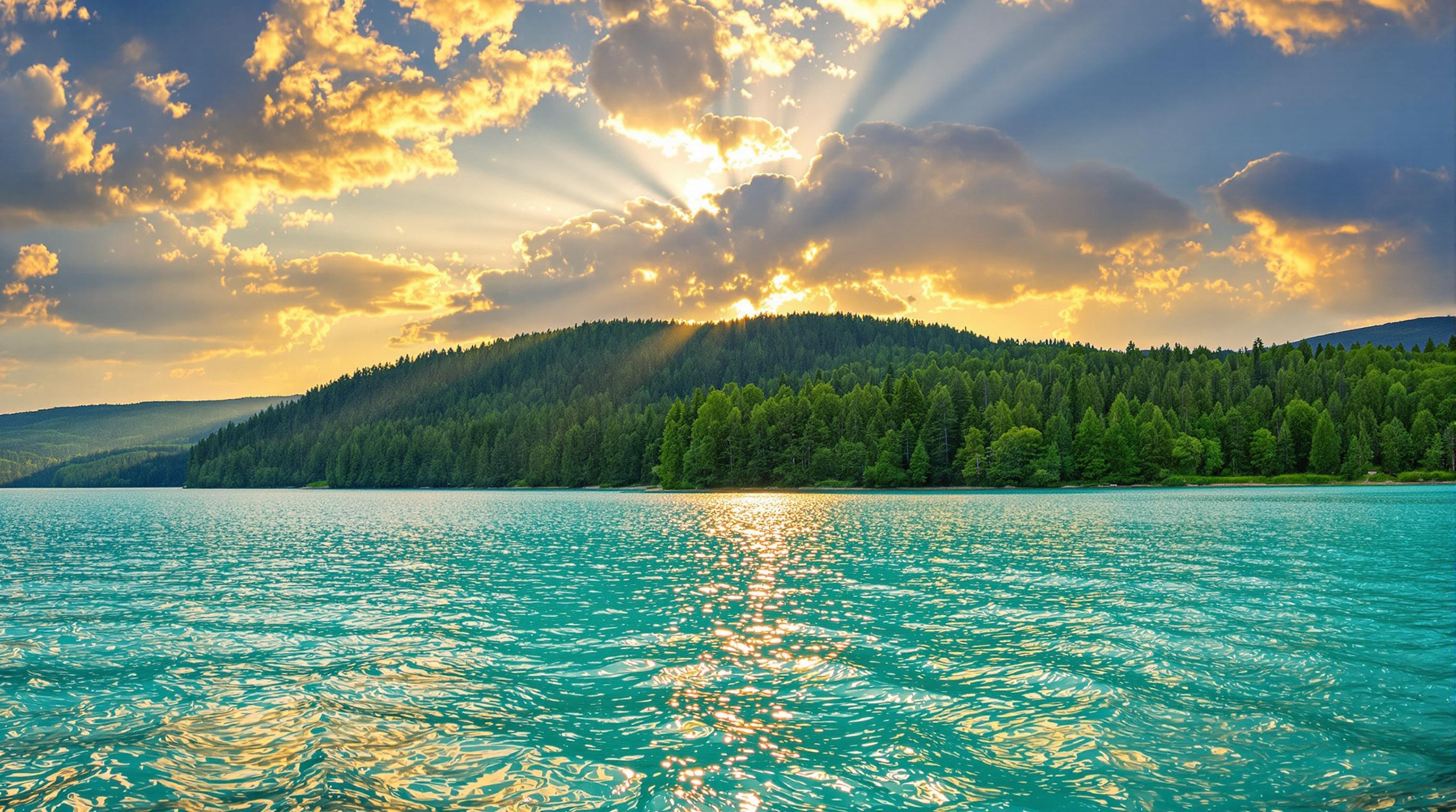 Vue panoramique du lac de Chalain au coucher de soleil, eaux turquoises et forêt jurassienne en arrière-plan.