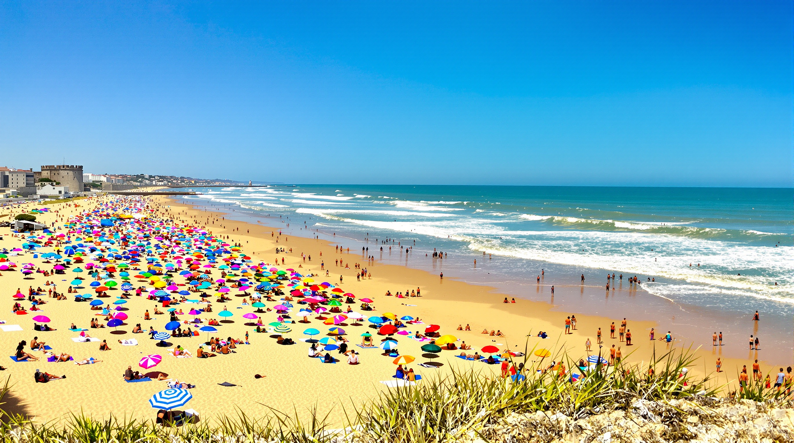 Vue panoramique de la Praia de Carcavelos un jour d'été, avec son sable doré, le fort São Julião da Barra et des surfeurs.