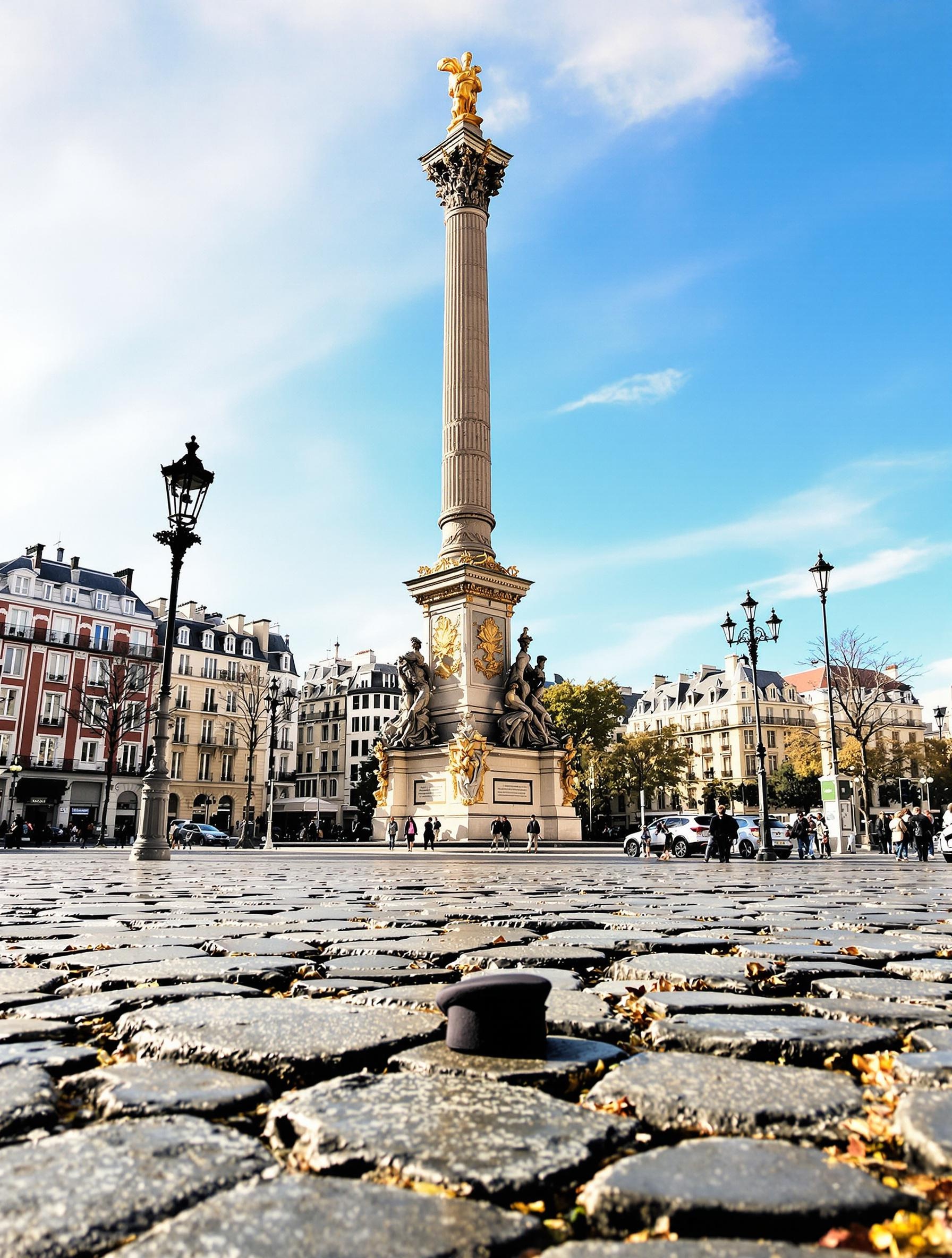Vue urbaine de la Place de la Bastille à Paris, pavés historiques et Colonne de Juillet, matinée