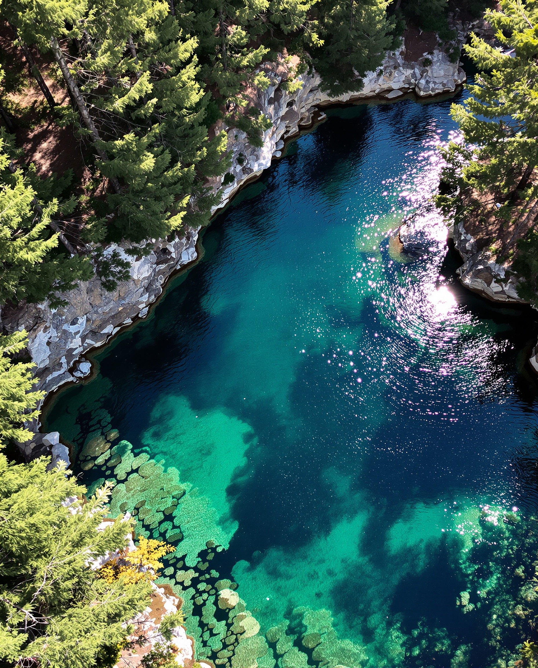 Vue plongeante forêt d’Aïtone piscine naturelle pins laricio Corse sauvage