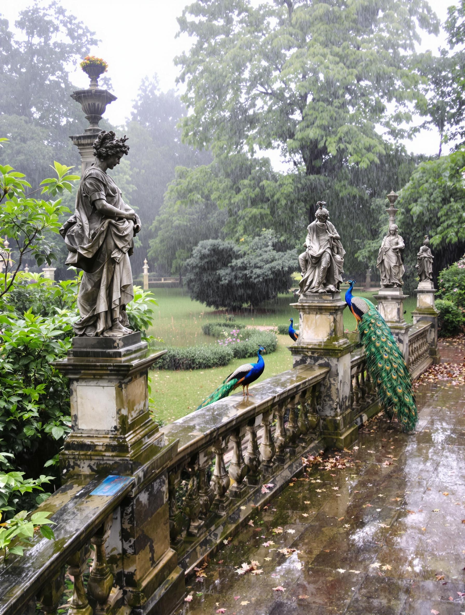 Statues baroques sous la pluie dans le Jardin Wallenstein, ambiance bucolique avec paons