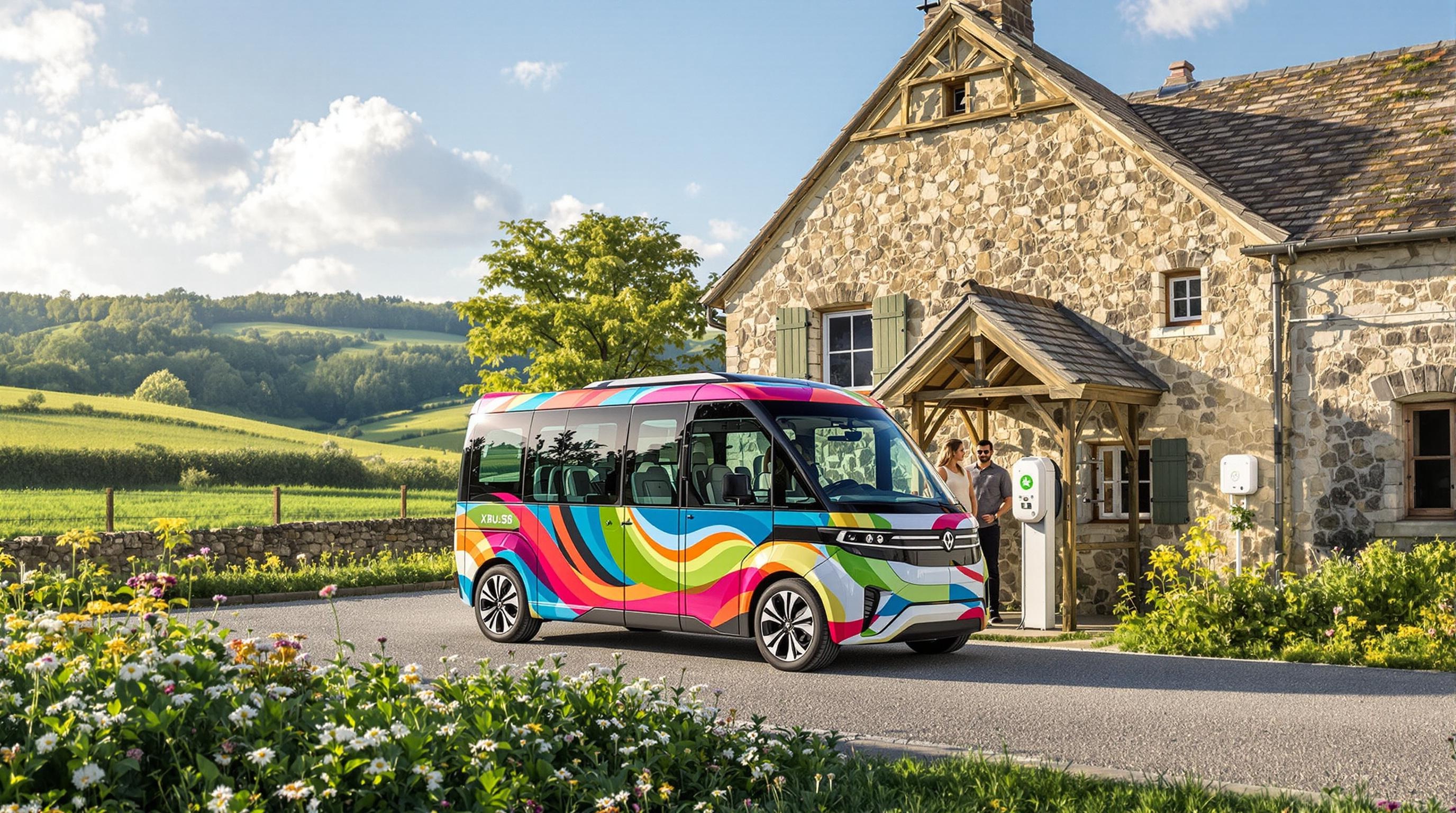 Van électrique XBus devant une borne rustique en campagne française